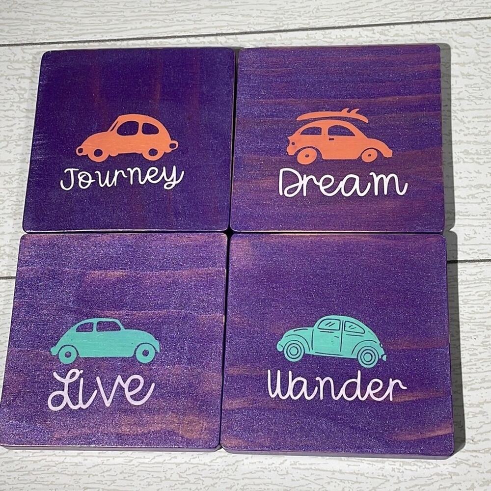 Handcrafted Purple Wanderer Rustic Wood Coasters NWOT